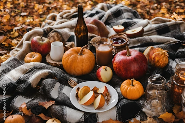 Fototapeta Cozy Autumn Picnic with Pumpkins, Apples, and Warm Fall Beverages, A warm and cozy autumn picnic scene with pumpkins, apples, and hot drinks set on a blanket surrounded by fall leaves