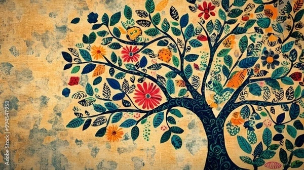 Obraz Classical Madhubani Painting Art, Abstract Image, Texture, Pattern Background, Wallpaper, Cover and Screen for Smartphone, PC, Laptop, 9:16 and 16:9 Aspect Ratio