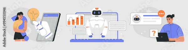 Fototapeta AI chat bot and people communication concept, human using Artificial Intelligence for content creation, online support, charts, tasks and data analyses. Flat vector illustration on isolated background
