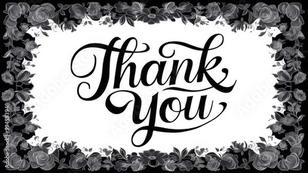 Fototapeta Sophisticated "Thank You" card template elegant calligraphy lettering in cursive, framed by a floral black border on a white background, vintage, flowers rest in peace, banner