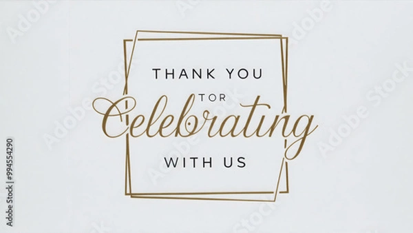 Fototapeta A golden rectangle line frame with the text "Thank you for celebrating with us" elegantly written in cursive font, set against a white background, minimalistic, sophisticated, wedding invitation card