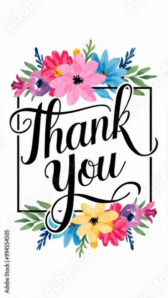 Fototapeta Beautifully designed lettering Thank you card in elegant, flowing script, rectangle frame decorated with watercolor flowers in vibrant shades of pink, blue, and purple, set on white backdrop, wedding
