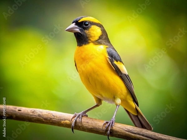 Fototapeta Vibrant Black and Yellow Canary Perched on a Branch Against a Natural Background in Soft Focus