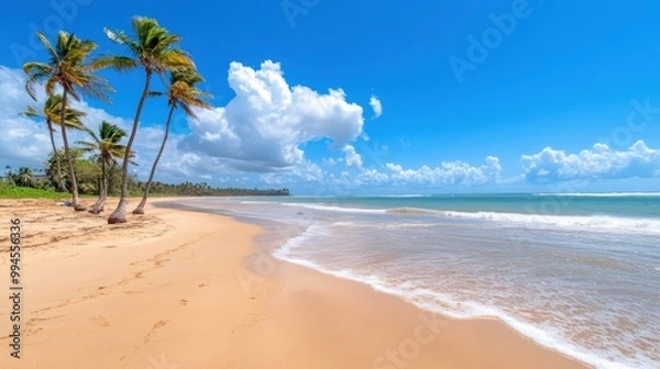 Fototapeta Serene Tropical Beach with Palm Trees and Blue Sky