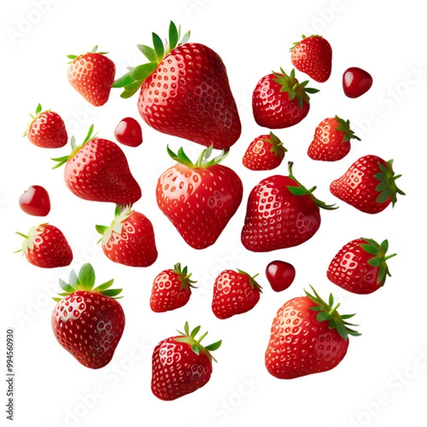 Fototapeta Falling Fresh Strawberries in Motion - PNG Isolated on Transparent Background, Clipart Cutout