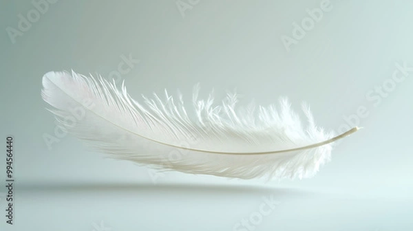 Fototapeta Single Feather Gracefully Floating Against a Plain White Background, Emphasizing Minimalist Elegance
