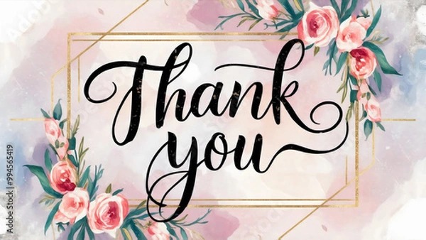 Fototapeta Thank you card template in elegant calligraphy, surrounded by outlined in a delicate frame ,a pink green watercolor floral border and a soft pastel background, luxurious, sophisticate, invitation