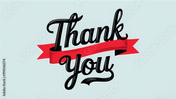 Fototapeta Modern design of Bold, cursive "Thank You" card lettering text artfully arranged on a red ribbon banner, against a clean white background, sketch pencil style, handwriting, typography, poster, banner