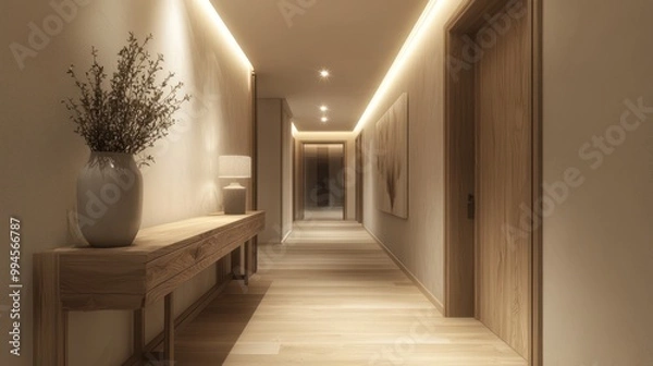 Obraz Minimalist Scandinavian corridor with a bespoke wooden console, discreet lighting, and soft, natural tones
