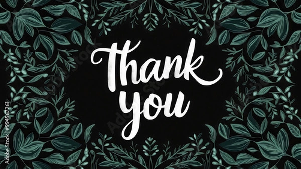 Fototapeta Thank you card template with white calligraphy on a black background, framed by a floral greenery border, green leaves motif design, poster, typography, copy space, invitation, banner, pattern, ornate