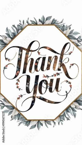 Fototapeta Thank you card with elegant calligraphy in a golden octagon, surrounded by intricate floral watercolor accents, delicate pastel spring flowers border on white backdrop, birthday design, weeding,easter