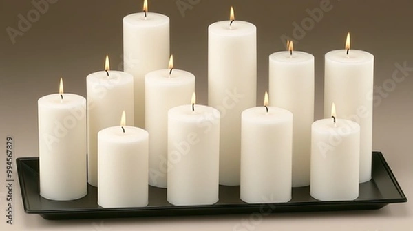 Fototapeta A collection of white pillar candles sits on a sleek black tray, softly illuminated, creating a warm and inviting atmosphere perfect for home decoration or floral displays