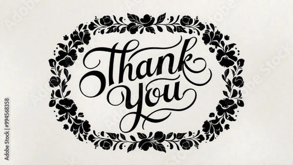 Fototapeta Thank you card template with elegant calligraphy surrounded by a floral wreath and a black frame border on a white background, vintage, wedding, event invitation, typography, poster, banner