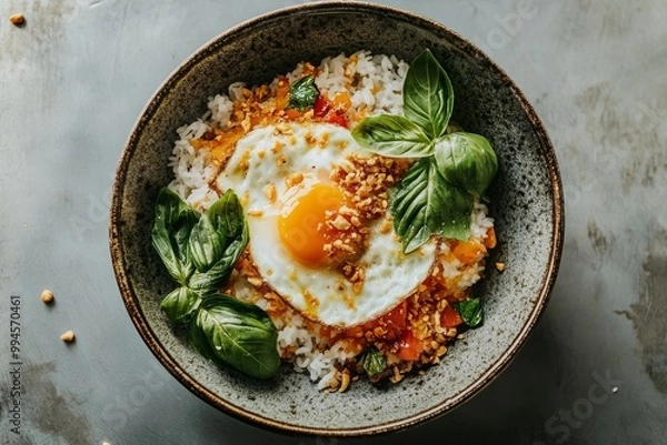 Obraz Popular Thai style street food includes stir-fried basil century eggs with pork and fresh bird's eye chilies on top of boiled rice and fried eggs.