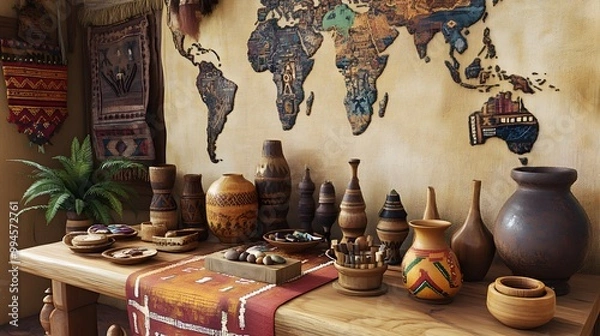 Fototapeta Wooden Vases and Bowls on a Table with a World Map Tapestry