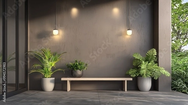 Fototapeta Minimalist Scandinavian front porch with a simple bench, potted plants, and sleek, modern lighting fixtures
