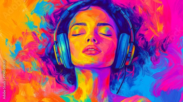 Obraz Colorful and vibrant illustration of a woman with a headset working from home while listening to music, representing a cheerful remote work environment