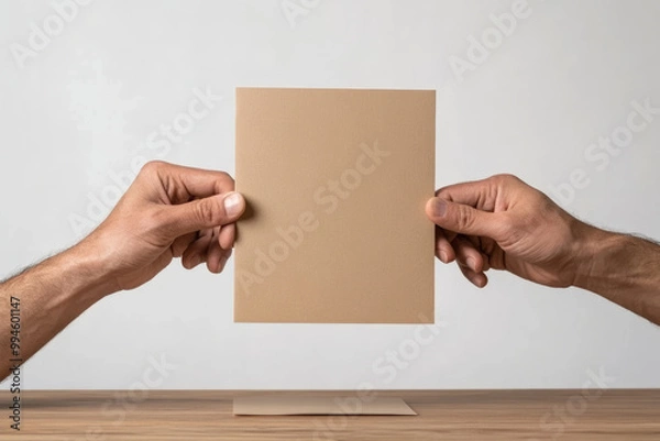 Fototapeta A man is voting in a booth with a red and white American flag behind him. He is holding a white card that says "vote"