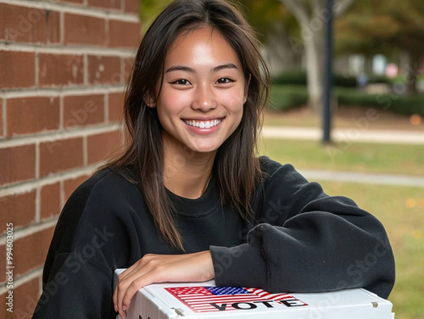 Fototapeta A woman is smiling and sitting in front of a voting sign. She is wearing a gray sweater and has her hair in a ponytail