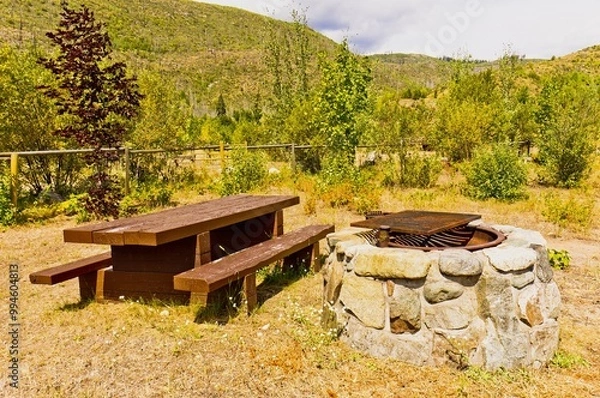 Obraz Horse camp table and BBQ pit.