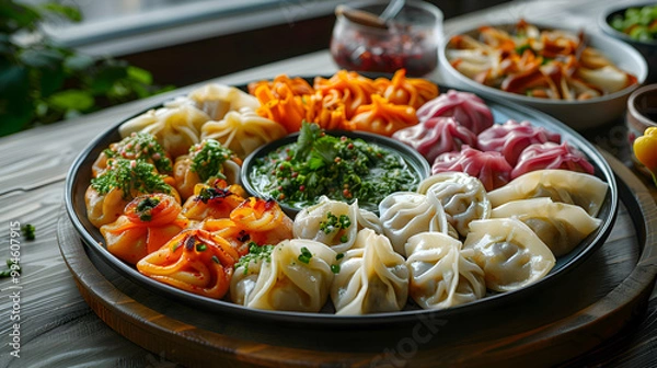 Fototapeta A platter of assorted mandu with various fillings, captured using an ultra HD camera with a ring light for even illumination