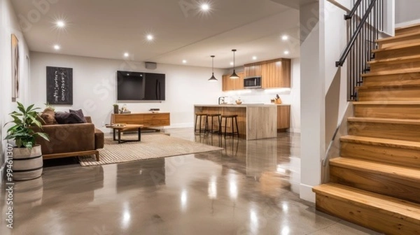 Obraz Scandinavian basement remodel with polished concrete flooring, light wooden accents, and modern minimalist furniture
