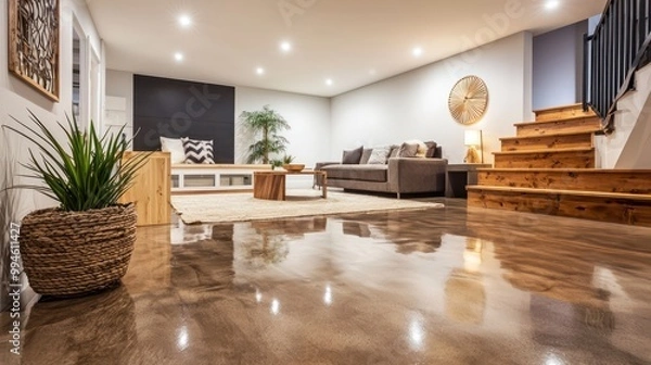 Obraz Scandinavian basement remodel with polished concrete flooring, light wooden accents, and modern minimalist furniture