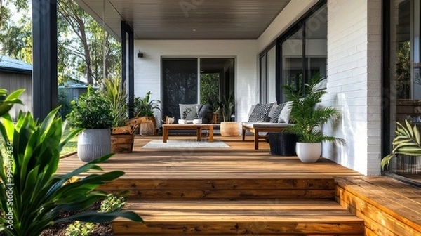Obraz Scandinavian front porch with wooden decking, minimalist furniture, and potted plants for a natural touch