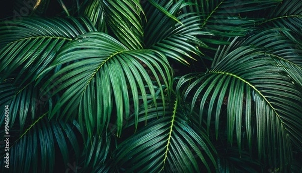 Fototapeta Illustration of a night in a tropical rainforest featuring monstera and palm leaves covered in raindrops