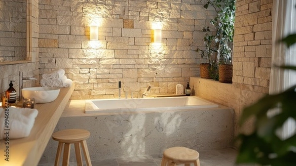 Obraz Scandinavian spa bathroom with a freestanding tub, natural stone walls, and light wooden stools