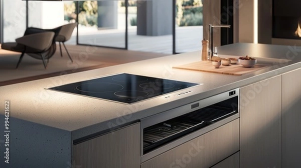Obraz Sleek Scandinavian kitchen island setup with integrated induction cooktop, overhead extractor, and hidden storage solutions