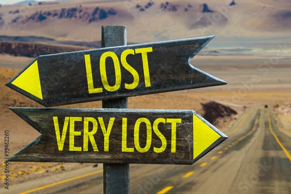 Fototapeta Lost - Very Lost signpost in a desert background
