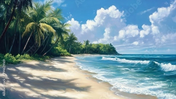 Fototapeta A Tropical Beach with Palm Trees and Ocean Waves