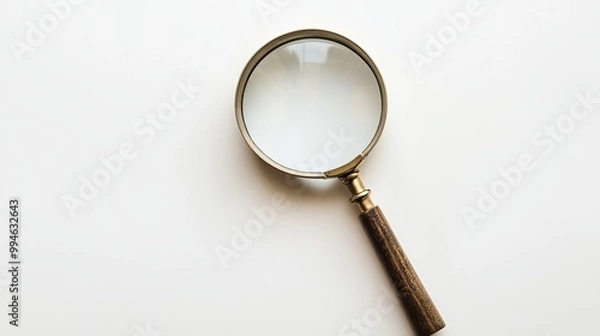 Fototapeta One magnifying glass on a white isolated background top view A classic magnifying glass with a black handle and round lens perfect for illustrating search or inspection concepts