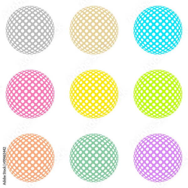 Fototapeta Set of colored balls with white circles on the surface on a white background