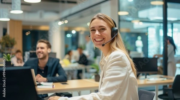 Fototapeta Businesswoman in a call center environment focused on customer support, sales, and communication with an employee assisting at a help desk