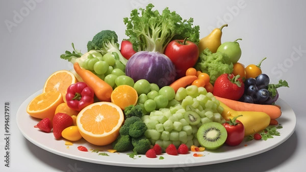 Fototapeta Harmonious Blend of Vegetables and Fruits Illustration: A Healthy Meal on a Plate generative ai