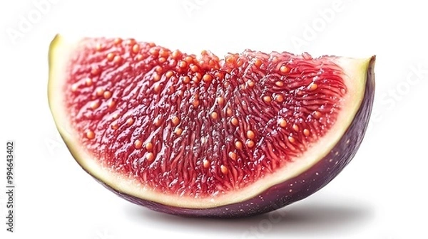 Fototapeta A slice of fig placed on a clean white background, emphasizing its intricate seeds and natural gradient of colors in a fresh, modern composition