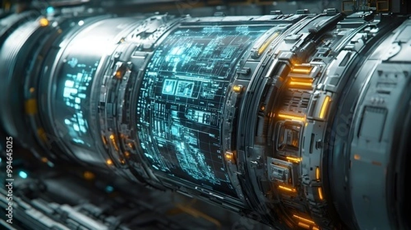 Fototapeta Close-up of a stainless steel tank featuring detailed hazard signs and safety labels, reflections of light emphasizing the metal's texture, shot at a dynamic angle