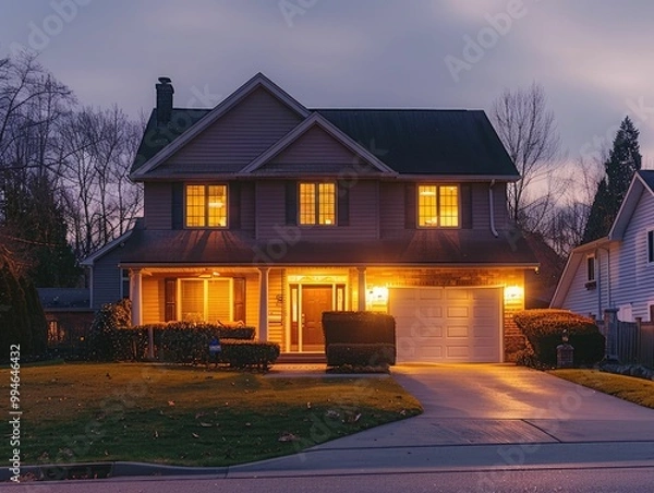 Obraz Peaceful suburban home: Night scene, illuminated porch, inviting ambiance
