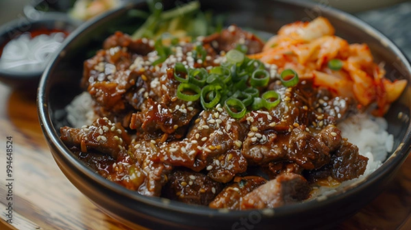 Fototapeta Bulgogi served with a side of rice and kimchi, captured using an ultra HD camera with a ring light for even illumination