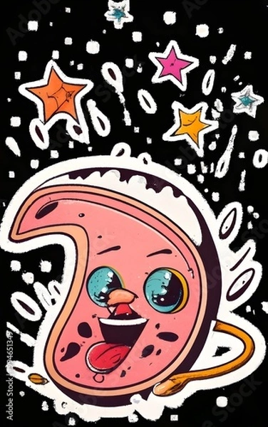 Fototapeta : A psychedelic, colorful cake surrounded by rainbows, planets, palm trees, and abstract objects.
