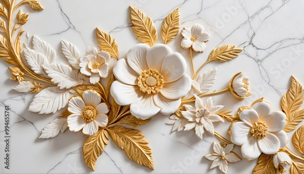 Obraz A serene and elegant arrangement of white flowers with golden leaves