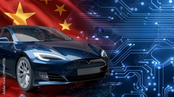 Fototapeta Modern electric car with Chinese flag and circuit background