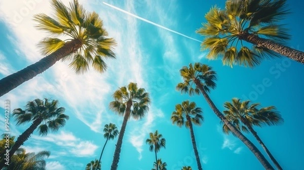 Fototapeta Beverly Hills: palm trees sway, blue skies shine, and a plane glides, capturing SoCal's charm.