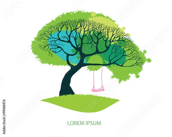 Fototapeta Spring meadow - big tree with fresh green leaves vector illustration. Hand drawn tree with pink swing on branch. Card design with stylized tree -  lawn and foliage as grunge watercolor blotch.