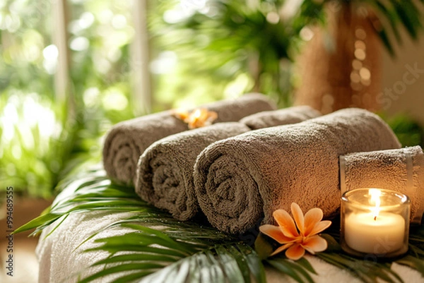 Fototapeta spa setting with candles and towel