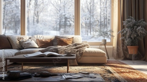 Fototapeta Quiet winter living room with a large rug, a thick woolen blanket on the sofa and an open book on the coffee table. generative ai