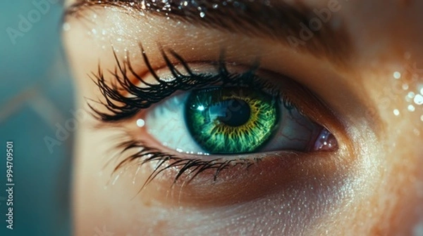 Fototapeta Close-up of a Green Eye with Long Eyelashes and Glimmering Skin