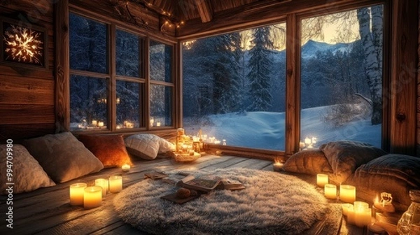 Fototapeta Rustic wooden cabin interior with fur rugs, lit candles, and a snow-covered landscape outside generative ai